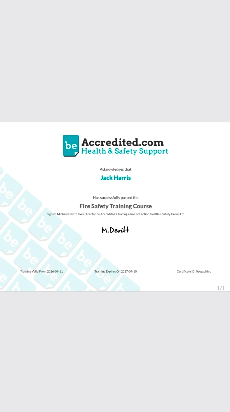 Fire Safety Training certificate held by First Rate Roofing