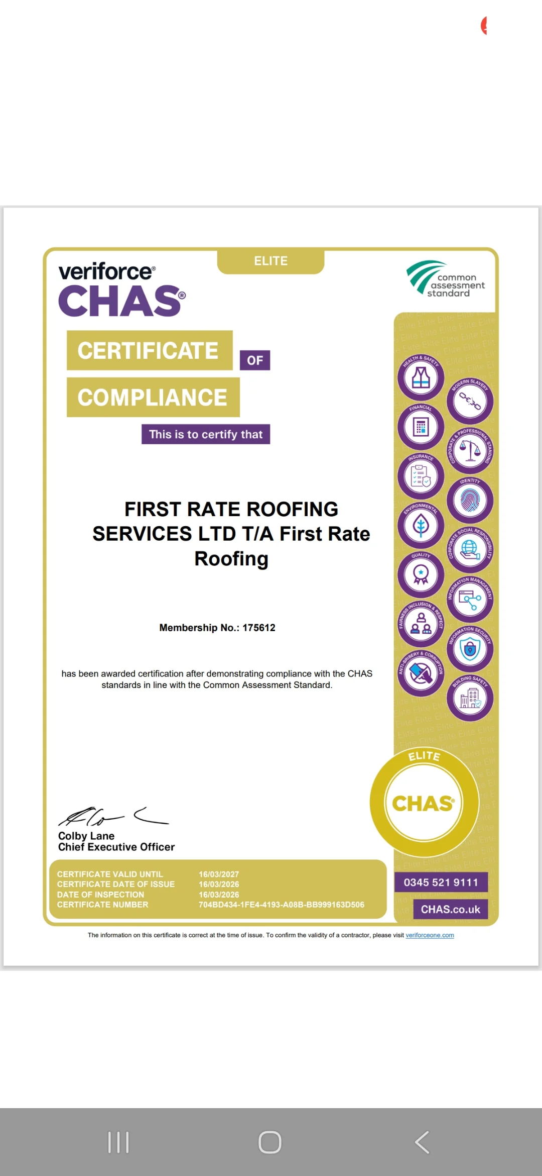 CHAS Certificate of Compliance certificate held by First Rate Roofing